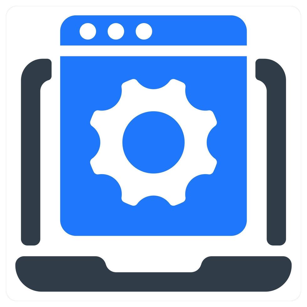 A blue and white icon with gears on it vector