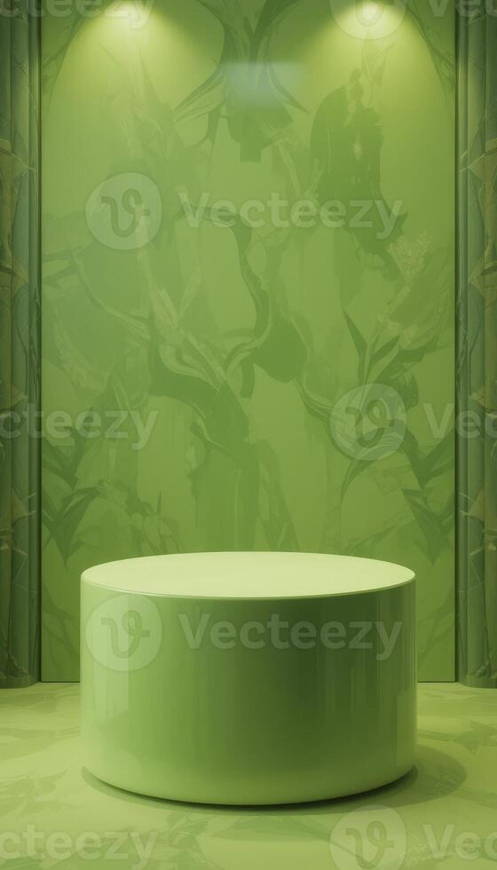 A sleek, round podium in a vibrant green room, accentuated by soft lighting. Perfect for showcasing products, presentations, or promotional events. photo