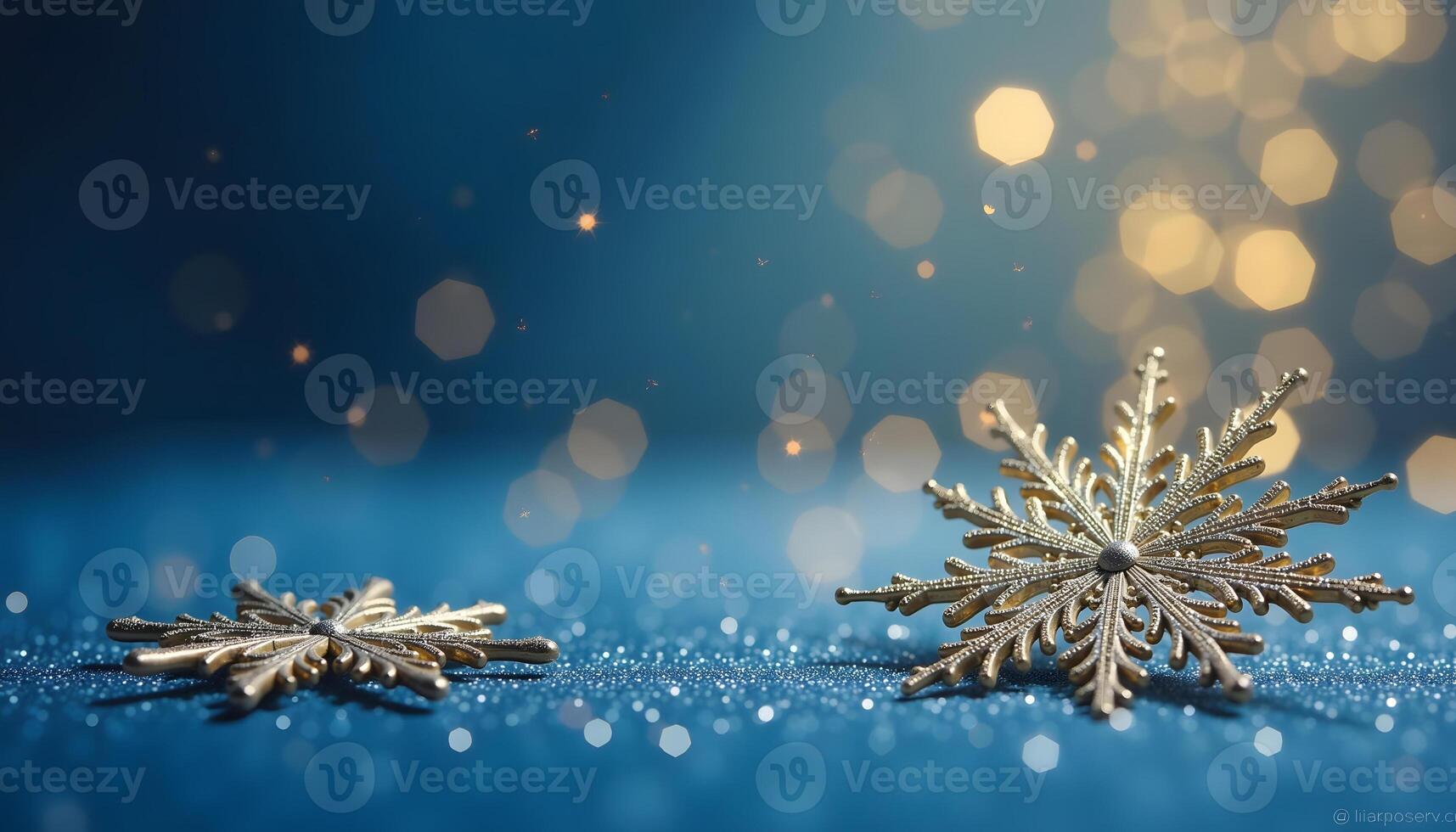 Gold Snowflake Ornaments on Glittering Blue Surface with Bokeh photo