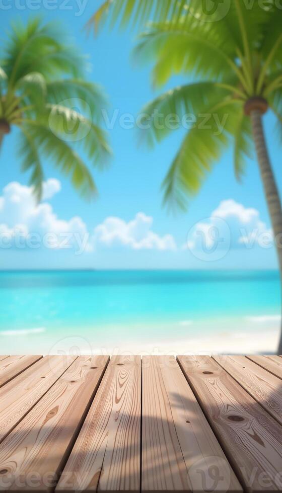 Tropical Beach View with Wood Plank Surface and Palm Trees photo