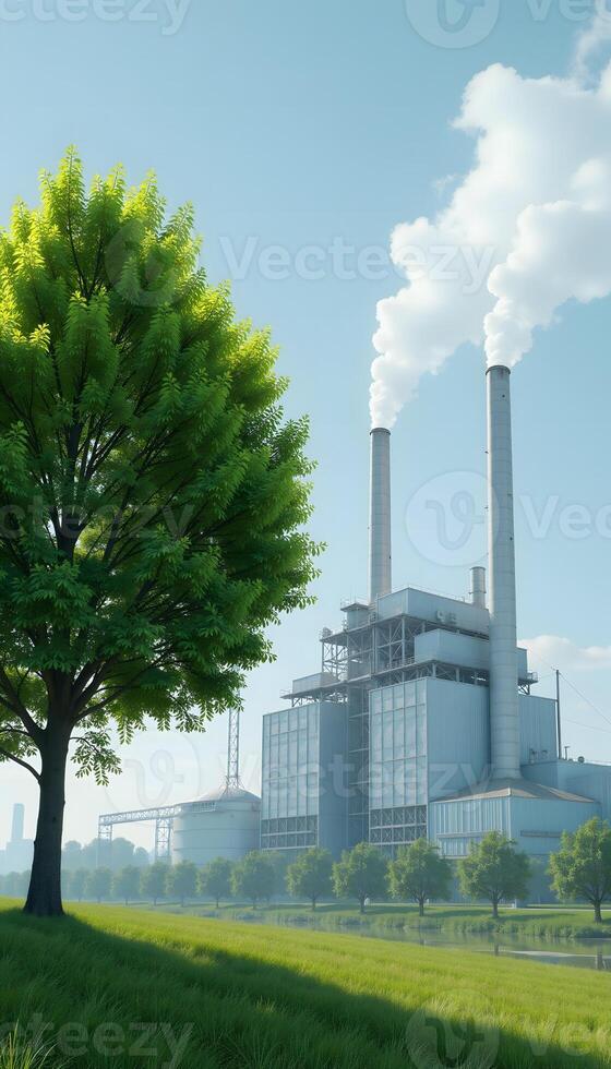 Power Station With Green Tree and Smokestacks in Blue Sky photo
