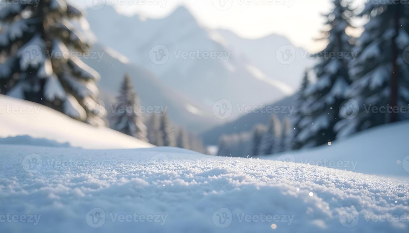 Snowy Landscape with Mountain Views and Evergreen Trees photo