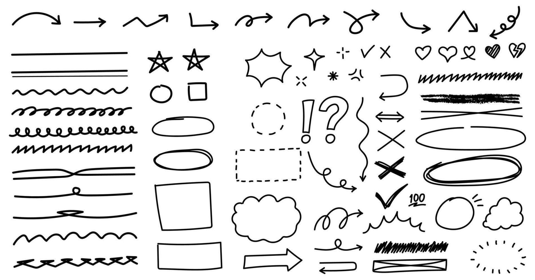 Set of scribble doodle underline emphasis line and geometric shape. Hand drawn design element vector