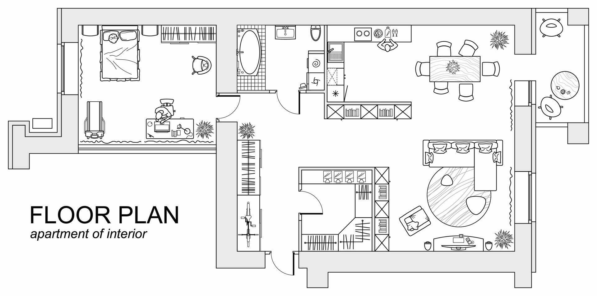 Planning of the apartment with arrangement furniture. Architectural drawing of the house in top view. Interior design floor plan vector