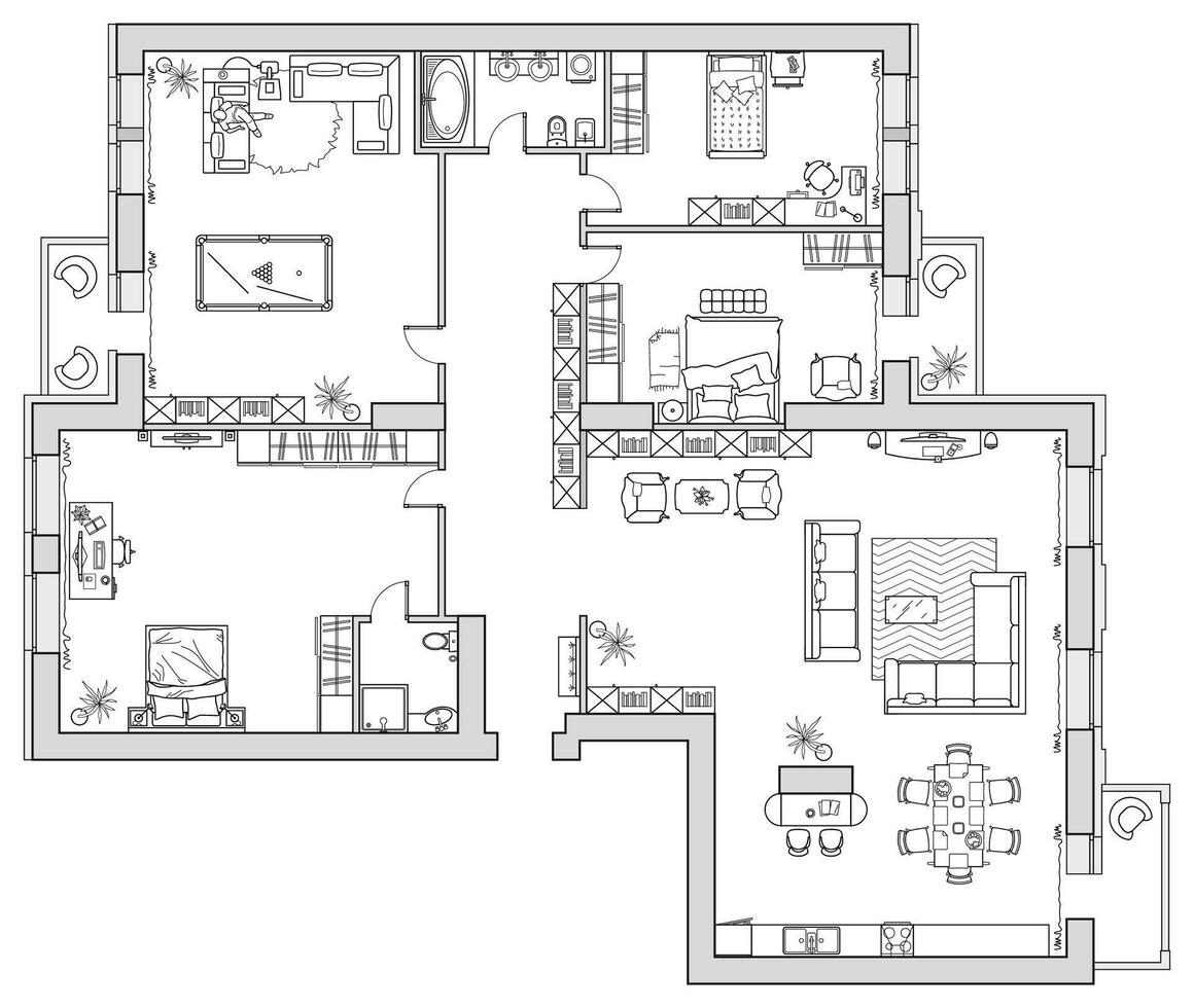 Apartment house floor plan with furniture arrangement. Interior design view from above vector