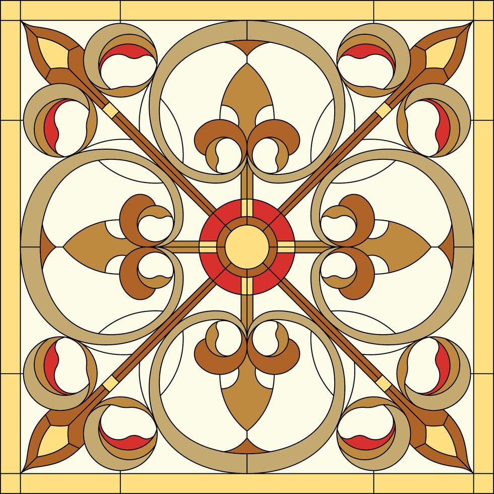 Abstract flower in square frame, geometric ornate pattern tile. Window on the ceiling in square frame, symmetric composition, yellow and biege color vector