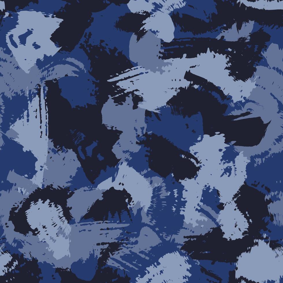 Grunge strokes camouflage, modern fashion design. Paint camo military pattern. Army uniform. Blue sea shade color, fabric print. Seamless texture. vector