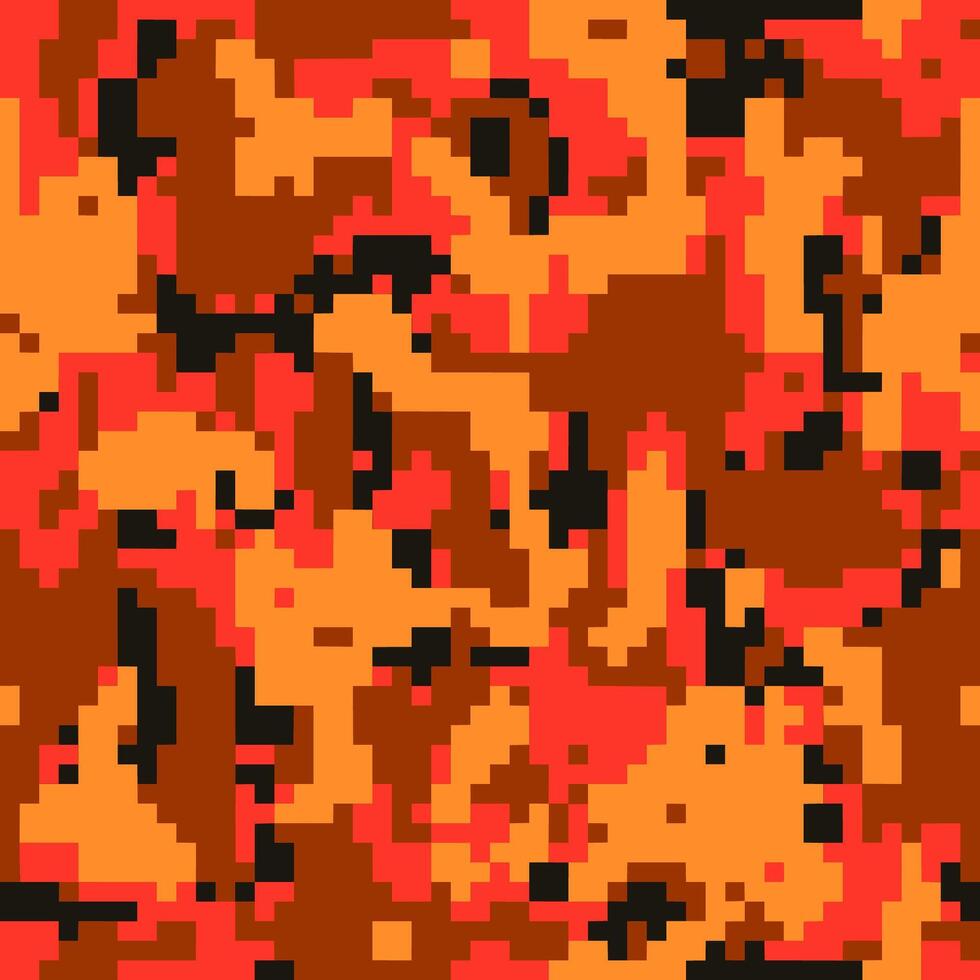 Digital pixel camo texture, seamless pattern for your design. Bright orange coloring camouflage, modern fabric print. Abstract repeating wallpapers vector