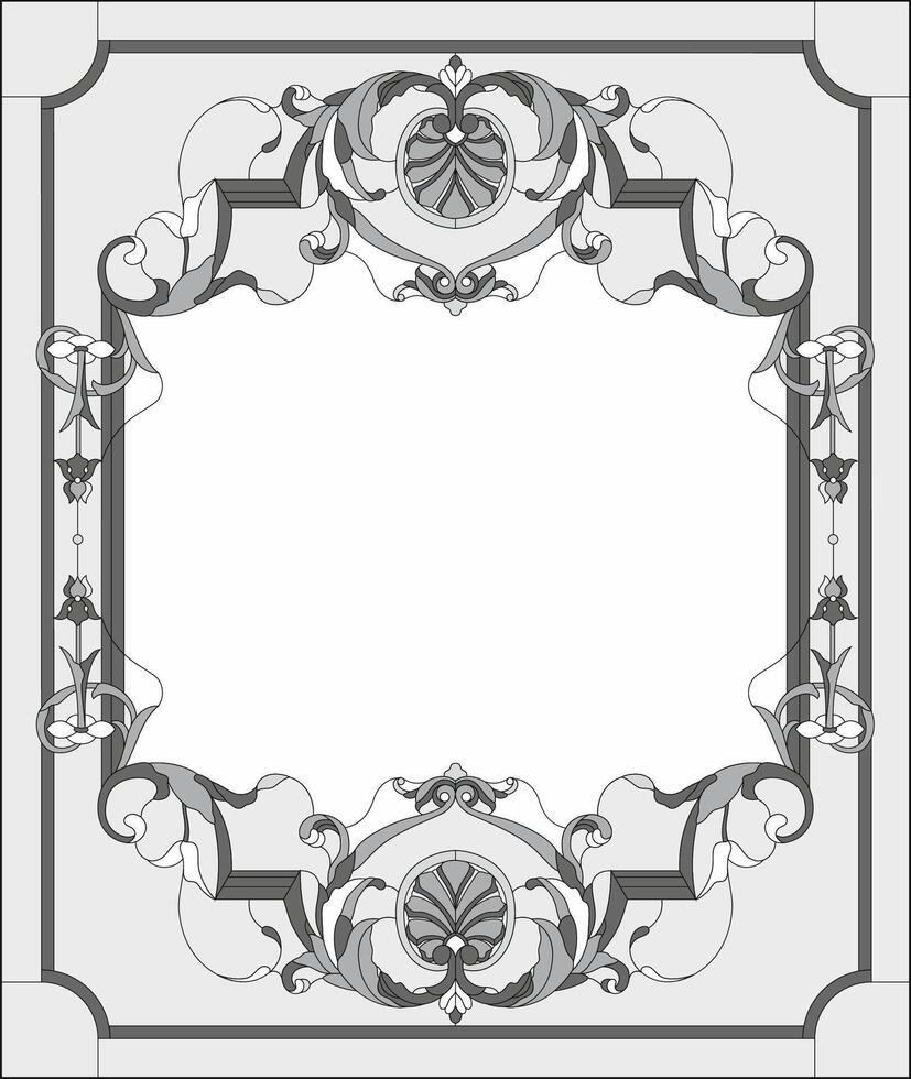 Stained glass frame border, abstract floral arrangement of buds and leaves in the art Nouveau style. Decorative design of the window or door vector