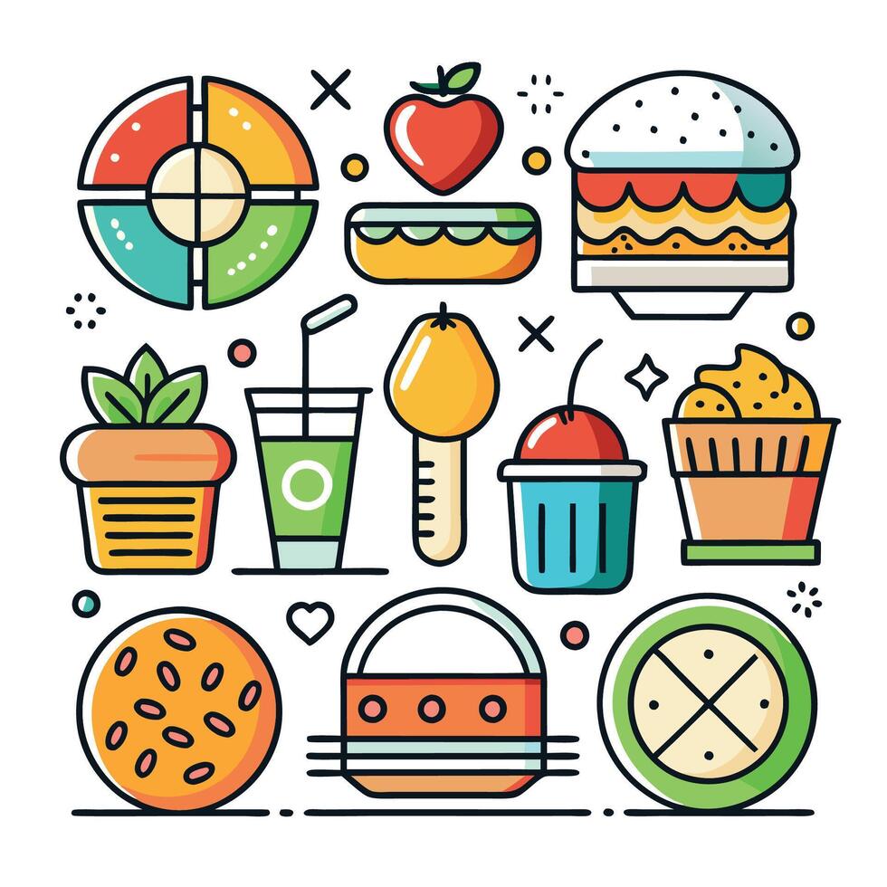 fast food icons set, including hamburger, fries, apple, and more vector