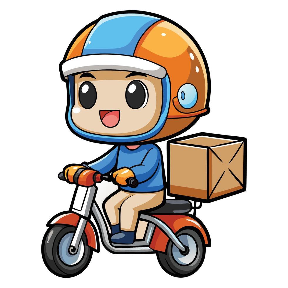 cartoon delivery boy riding motorcycle with a box on the back vector