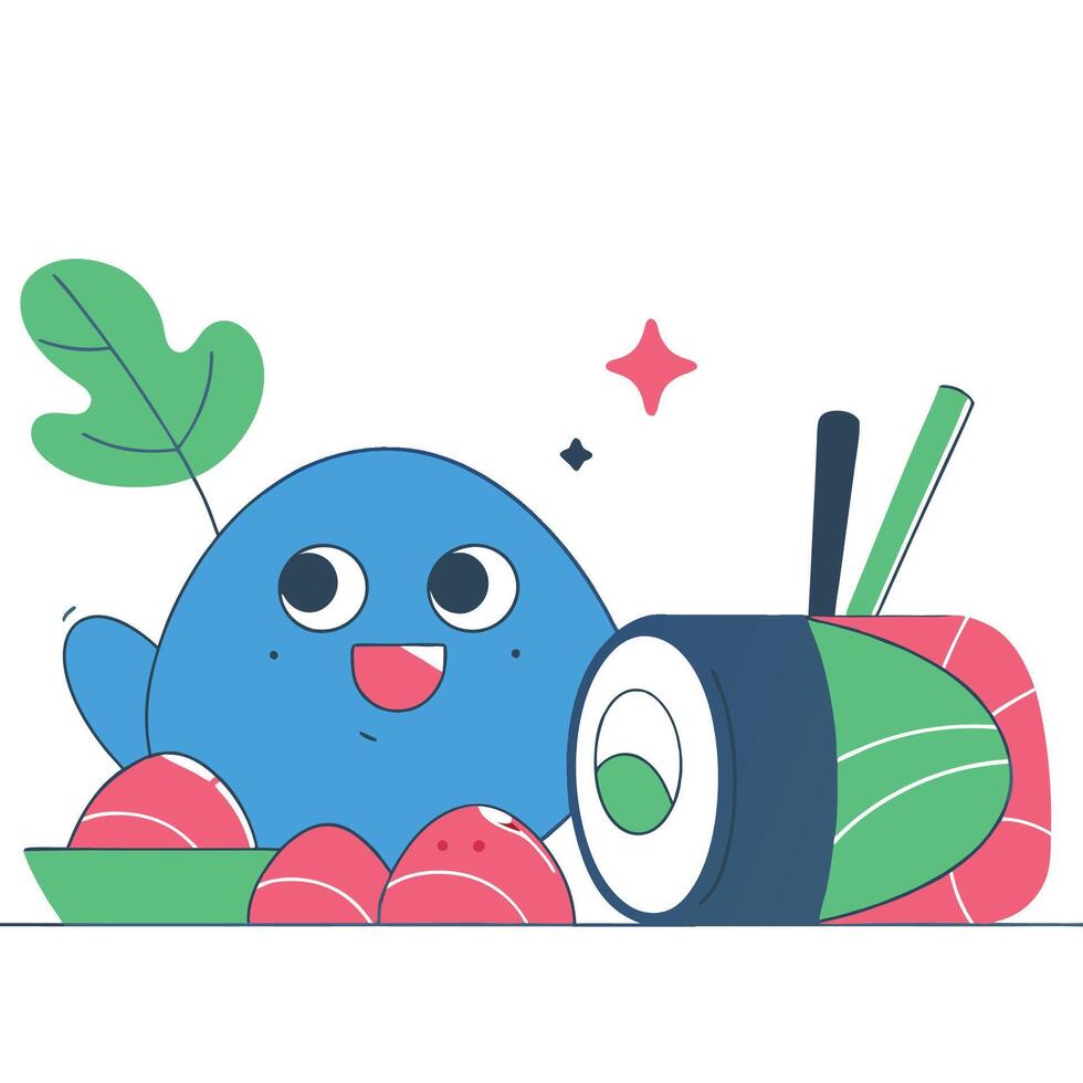 a cartoon blue fish with a green leaf and a sushi roll vector