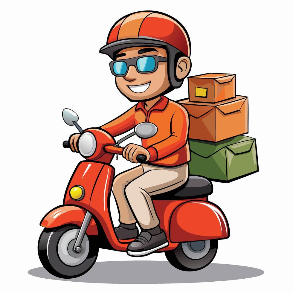 a cartoon delivery man riding a scooter with boxes on his back vector
