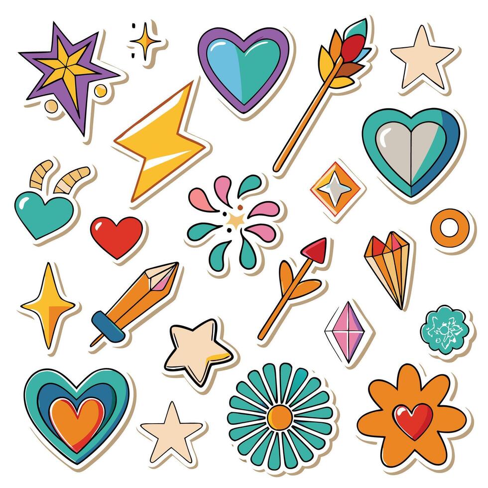 a collection of colorful stickers with hearts, stars and arrows vector