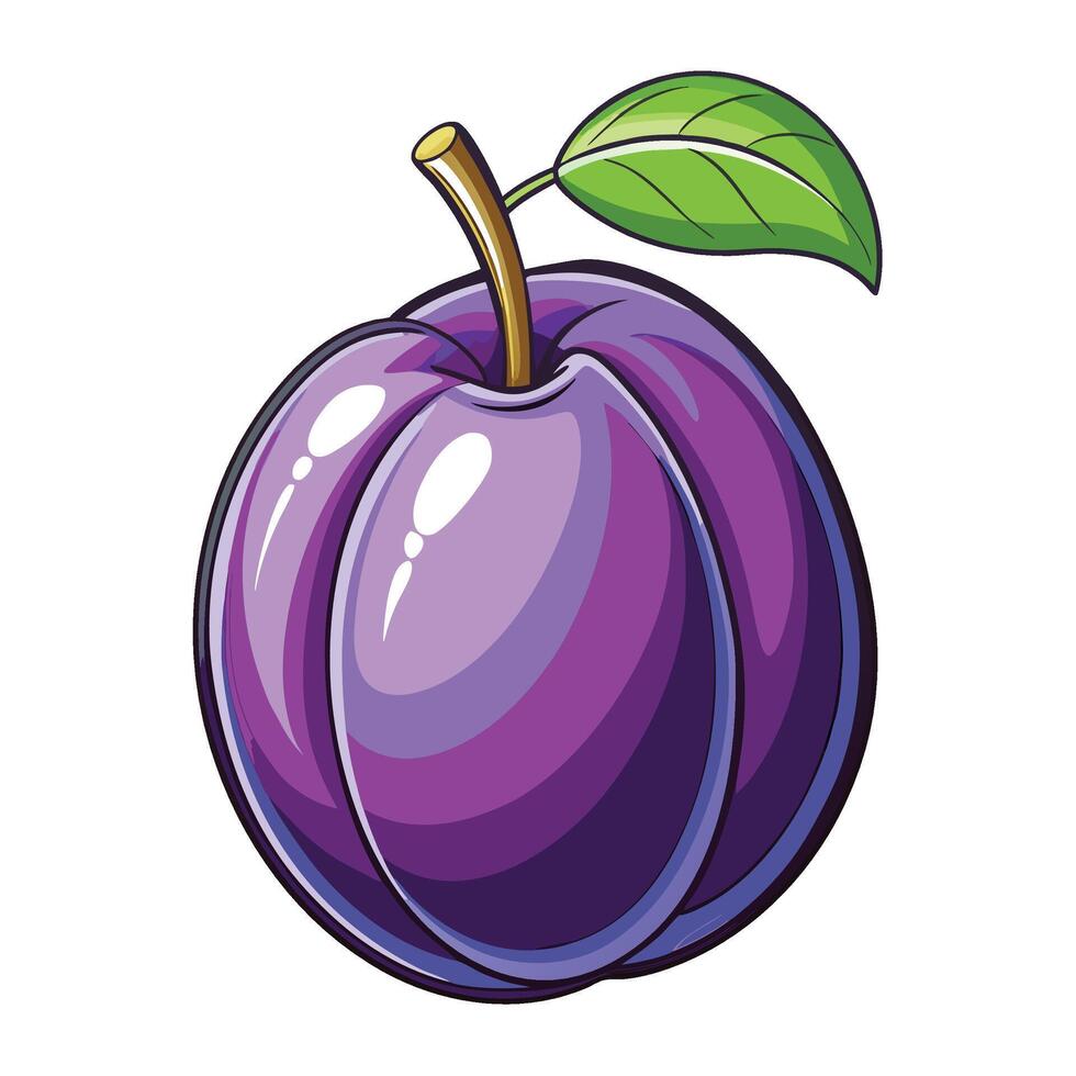 a purple plum fruit with a leaf on vector