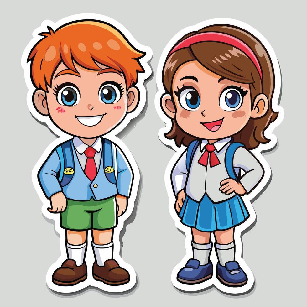 sticker of cute school boy girl white background vector