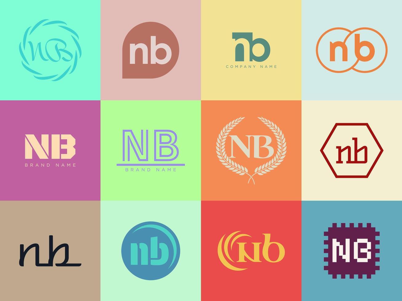 NB logo company template. Letter n and b logotype. Set different classic serif lettering and modern bold text with design elements. Initial font typography. vector
