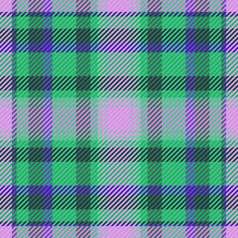 Vibrant green, purple, and pink plaid pattern. Perfect for textile designs, fashion, websites, or backgrounds. This seamless texture offers a modern, stylish feel, conveying energy and optimism. vector