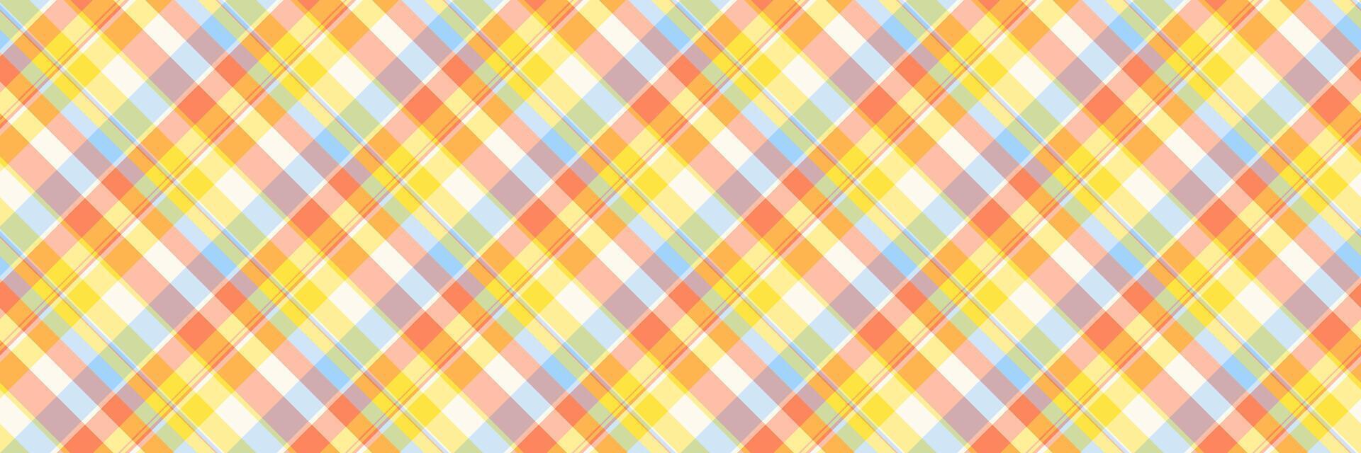 Vibrant diagonal plaid pattern in pastel orange, yellow, and blue hues. Perfect for textile design, website backgrounds, or cheerful branding. Evokes feelings of warmth, joy, and springtime. vector