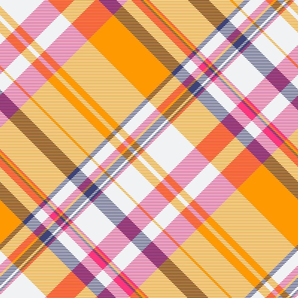 Vibrant diagonal plaid pattern in sunny orange, pink, and purple hues. Perfect for textile design, fashion, or website backgrounds. This cheerful, modern design evokes warmth and energy. vector