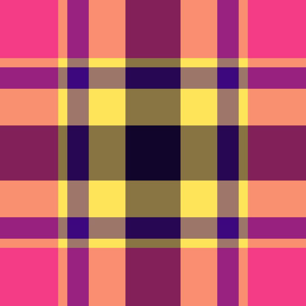 Vibrant plaid pattern in bold hues of pink, yellow, and purple. Perfect for textile designs, website backgrounds, or fashion projects. vector