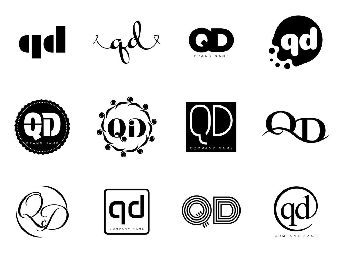 QD logo company template. Letter q and d logotype. Set different classic serif lettering and modern bold text with design elements. Initial font typography. vector