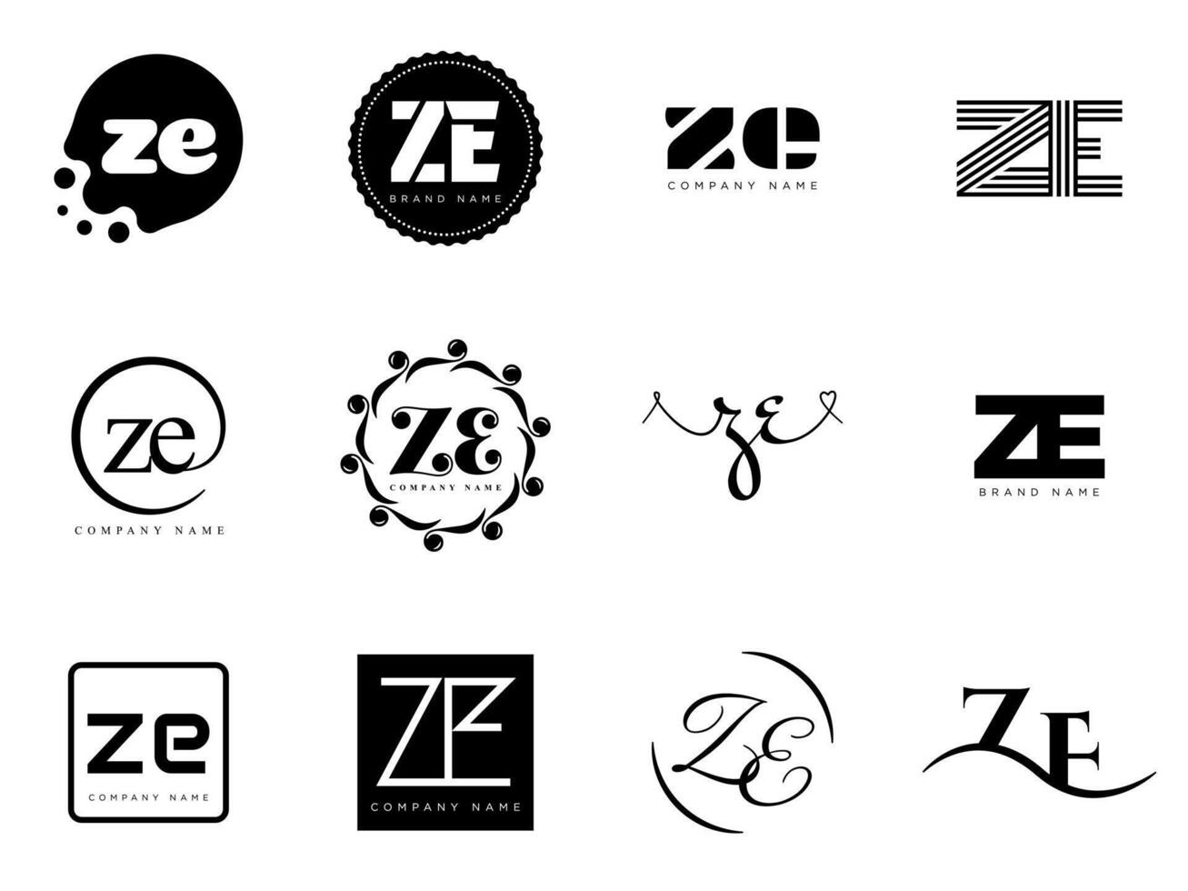 ZE logo company template. Letter z and e logotype. Set different classic serif lettering and modern bold text with design elements. Initial font typography. vector