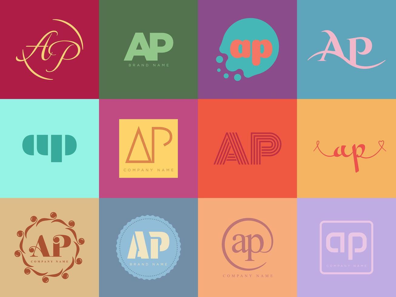 AP logo company template. Letter a and p logotype. Set different classic serif lettering and modern bold text with design elements. Initial font typography. vector