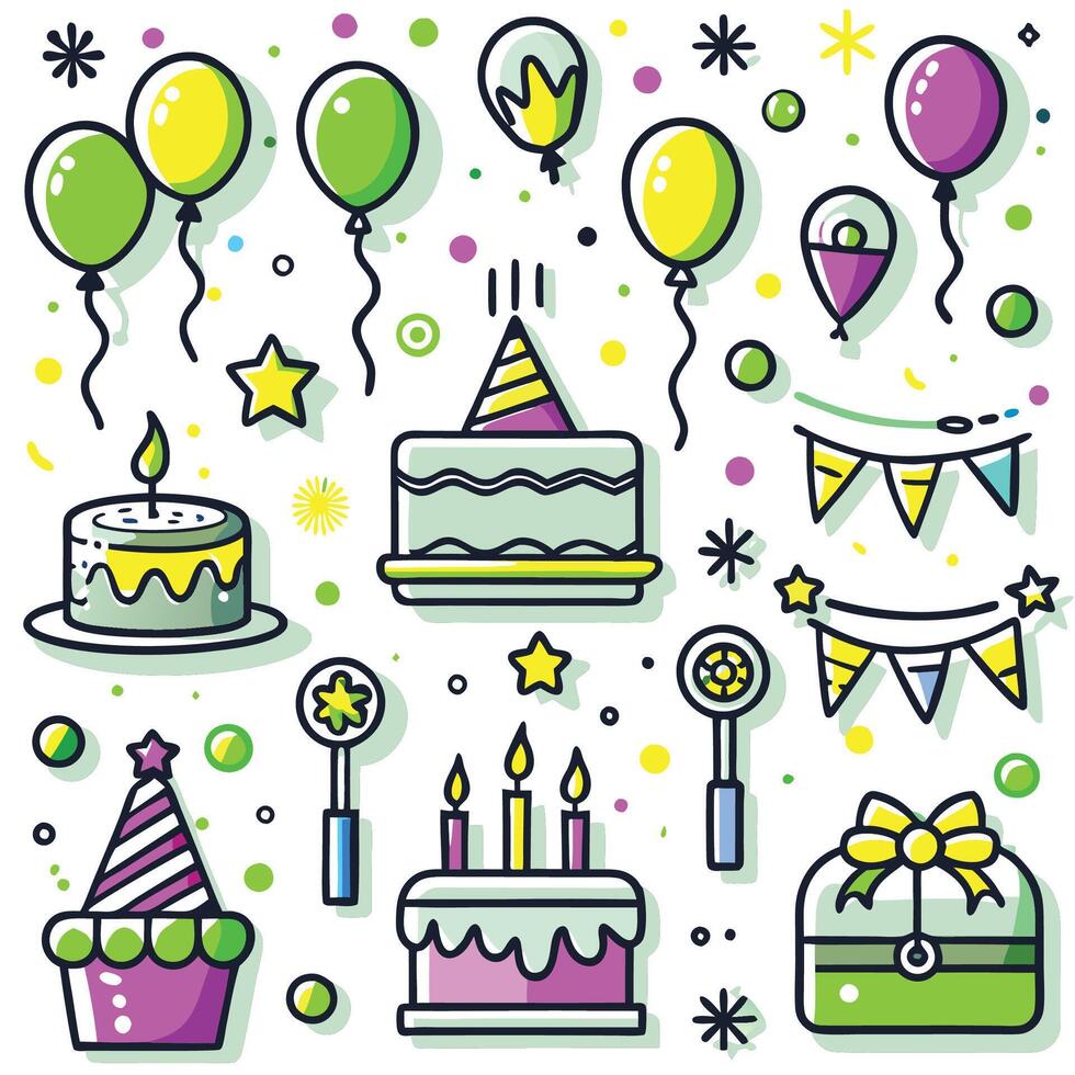 birthday party icons set with balloons, cake, and other items vector