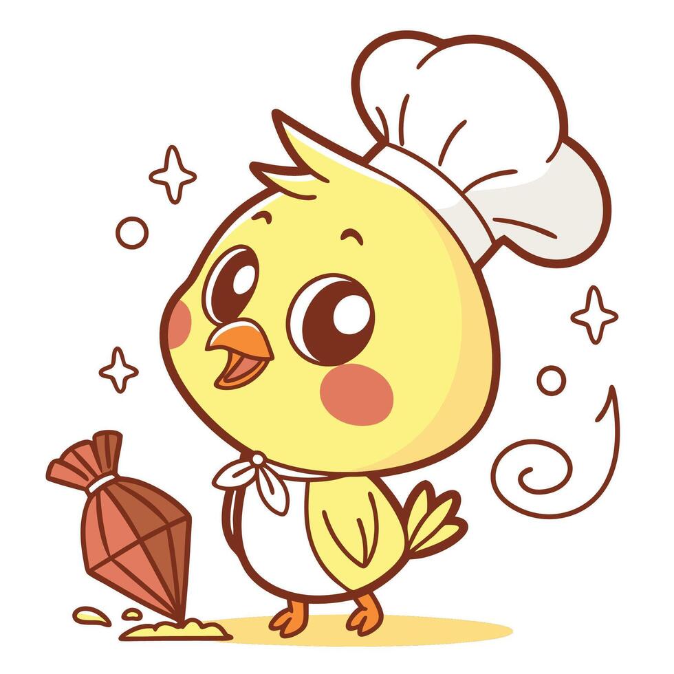 a cartoon chicken in a chef hat holding chocolate bar vector