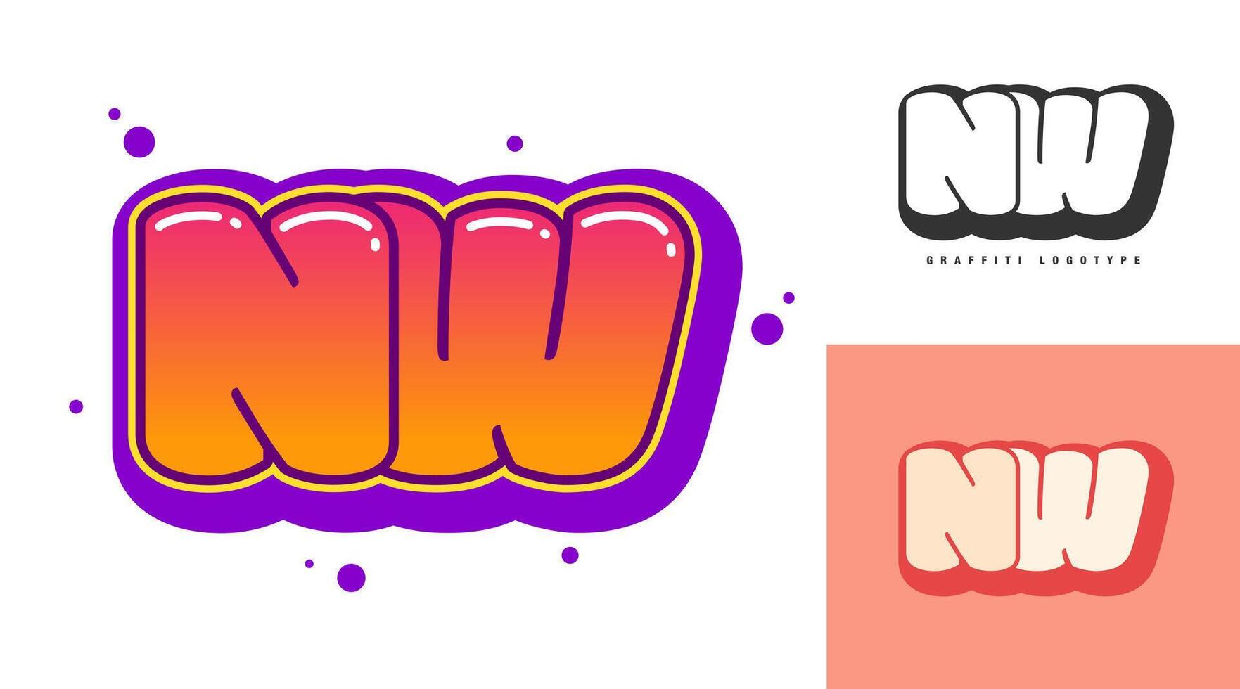 NW logo design for festival or party. Initial letter n and w in graffiti style. Creative modern lettering company name of font typography. Kids trendy logotype or identity. vector