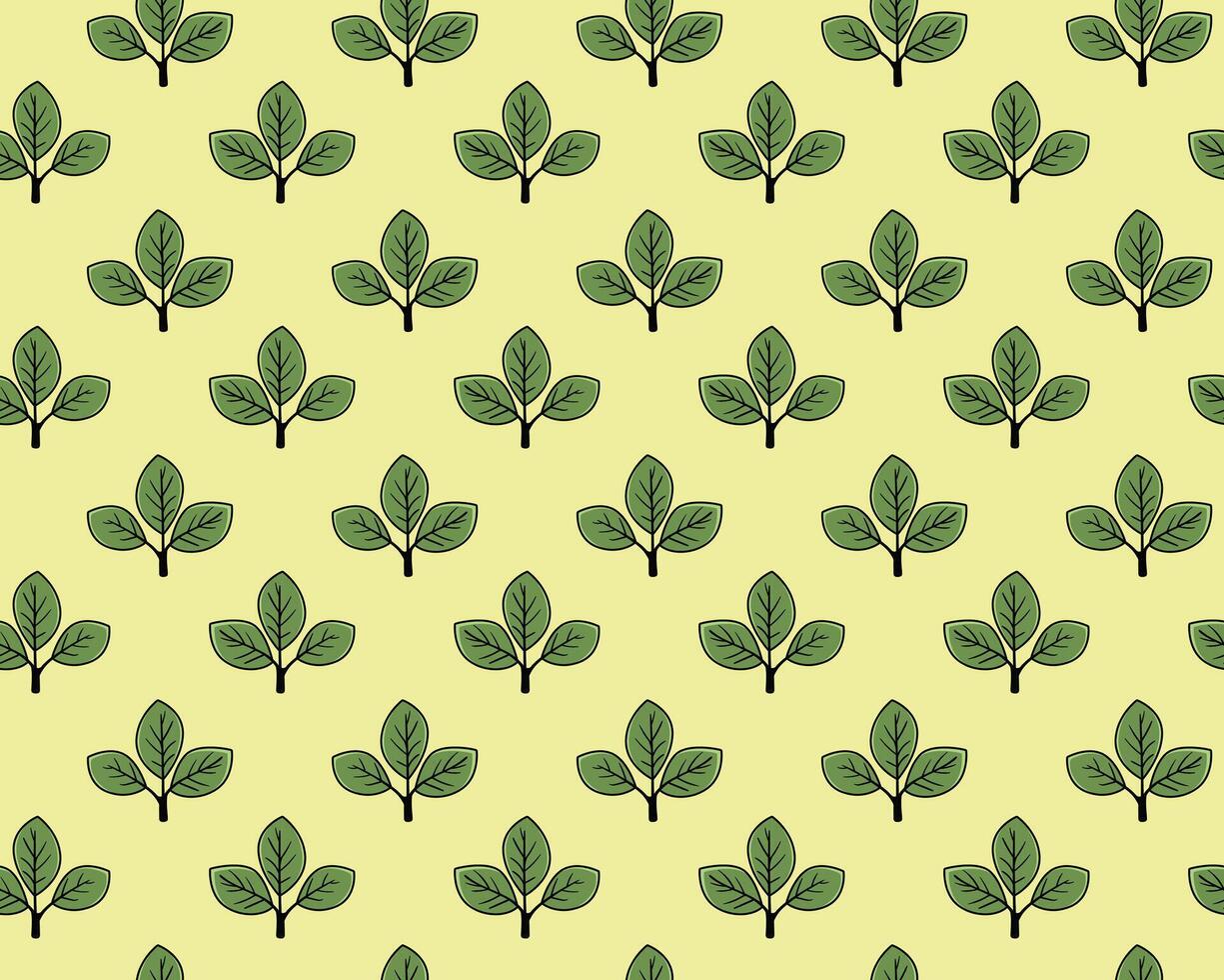 Delightful seamless pattern of stylized green leaves on a pale yellow background. Perfect for textile design, wallpaper, packaging, or website backgrounds. vector