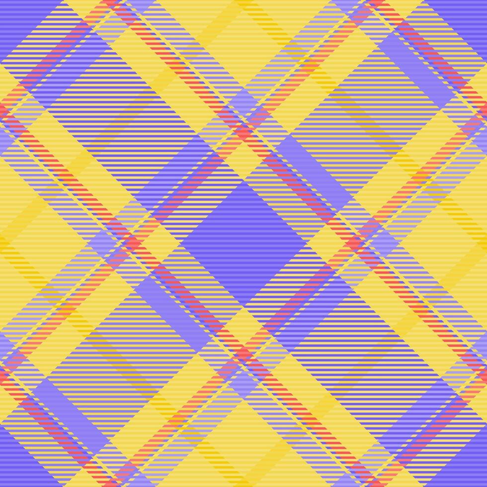 Vibrant diagonal plaid pattern in sunny yellow, lavender, and muted orange. Perfect for textile design, fashion, website backgrounds, or any project needing a cheerful, geometric texture. vector