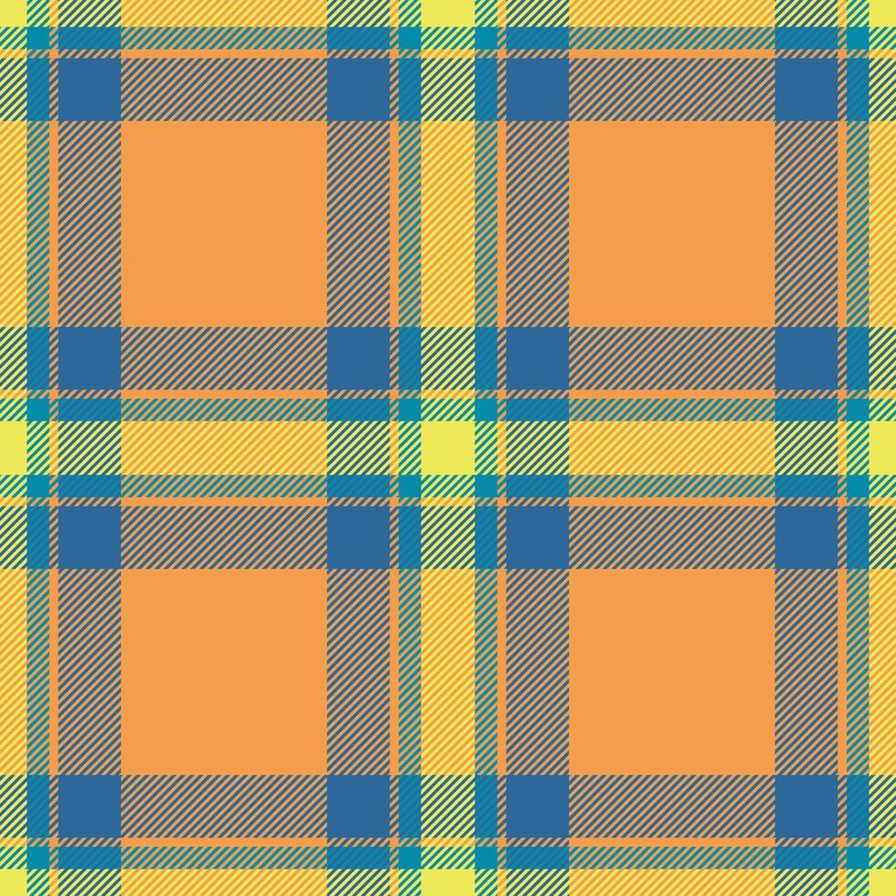 Vibrant orange, yellow, and blue plaid pattern. Perfect for textile design, fashion, and website backgrounds. This cheerful, seamless texture evokes warmth and optimism. vector