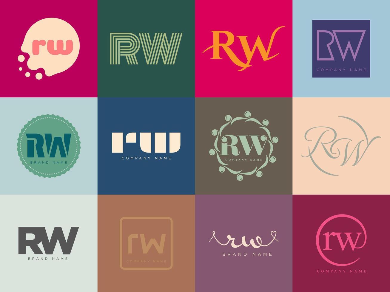 RW logo company template. Letter r and w logotype. Set different classic serif lettering and modern bold text with design elements. Initial font typography. vector