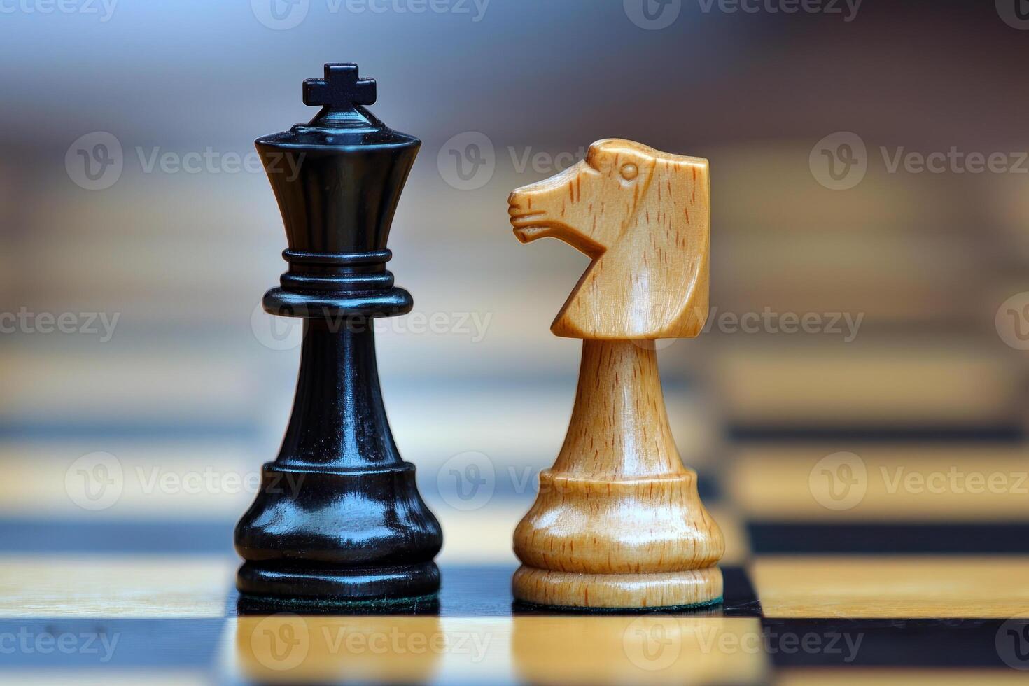 Chess pieces, king and knight, on wooden chessboard, symbolizing strategy and competition photo