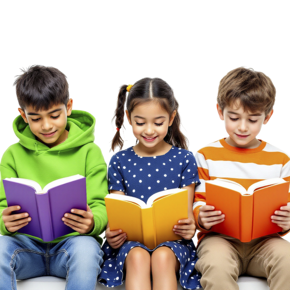 Three children sitting on a couch reading books png