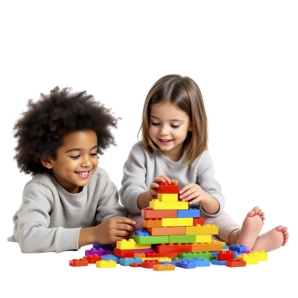 Two children playing with a large stack of colorful blocks png