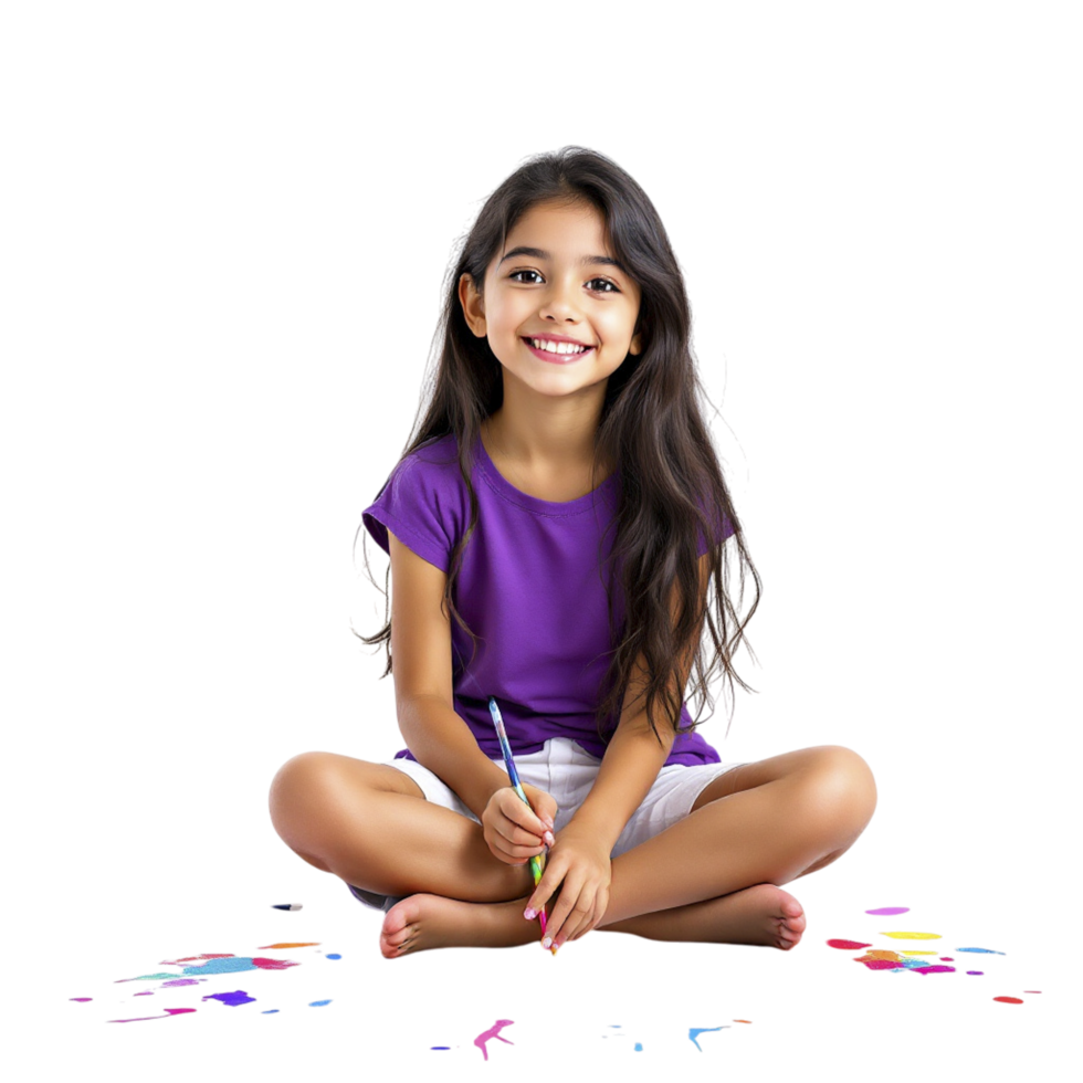 A young girl sitting on the floor with a paintbrush png