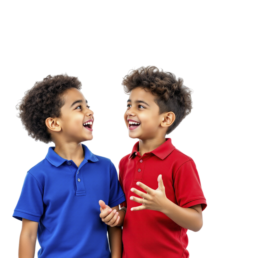 Two boys in blue and red polos laughing png