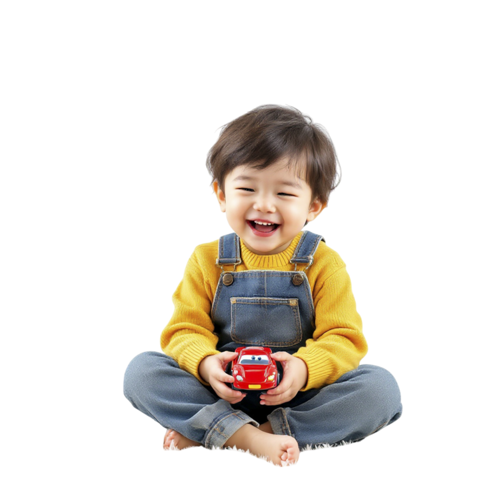 A young boy is sitting on the floor with a toy car png