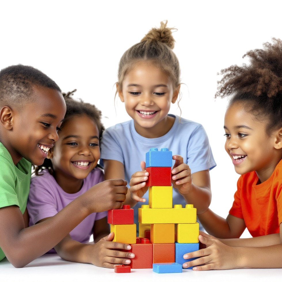 Children playing with blocks on a white background png