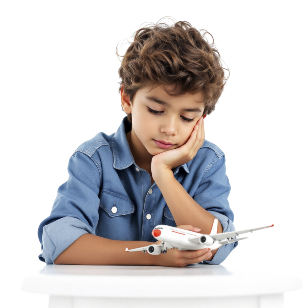 A young boy sitting at a table with a toy airplane png