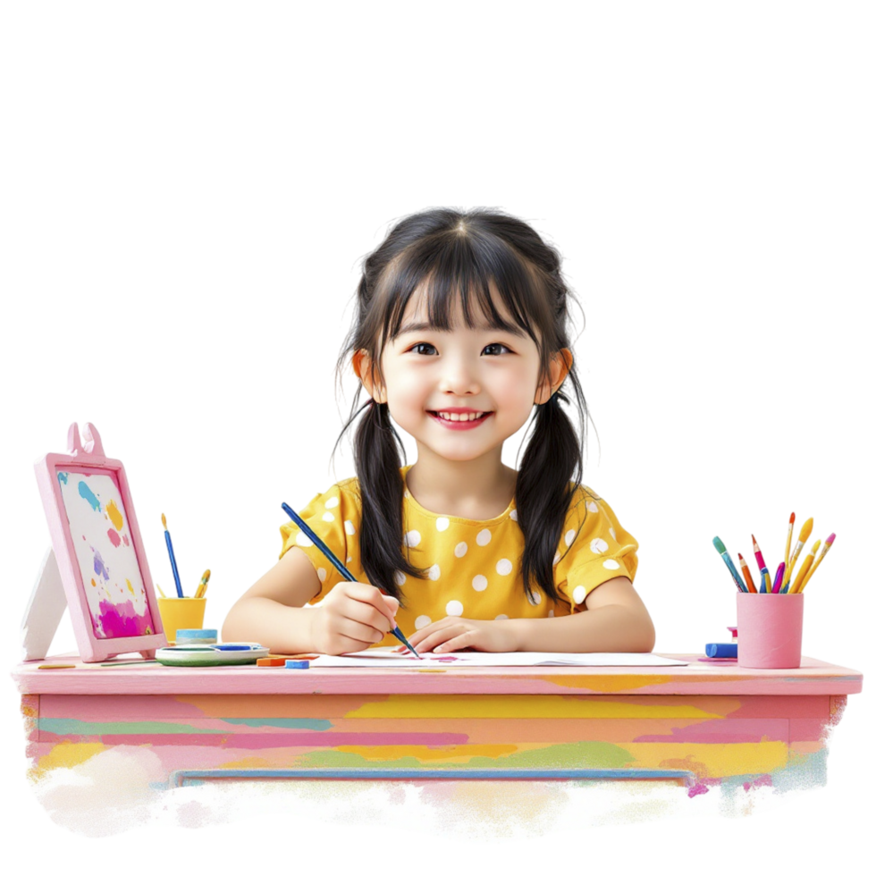 A little girl sitting at a desk with a pencil and a marker png