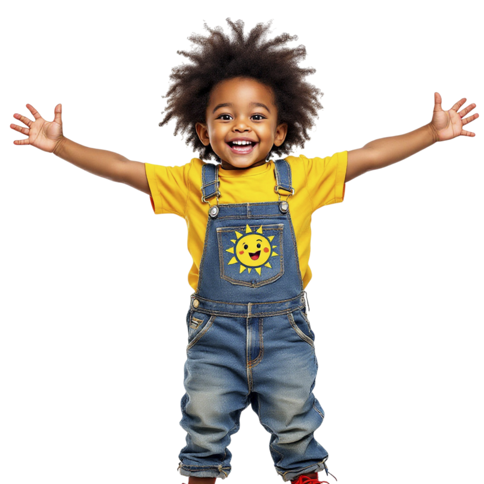 A young boy in overalls and a yellow shirt png
