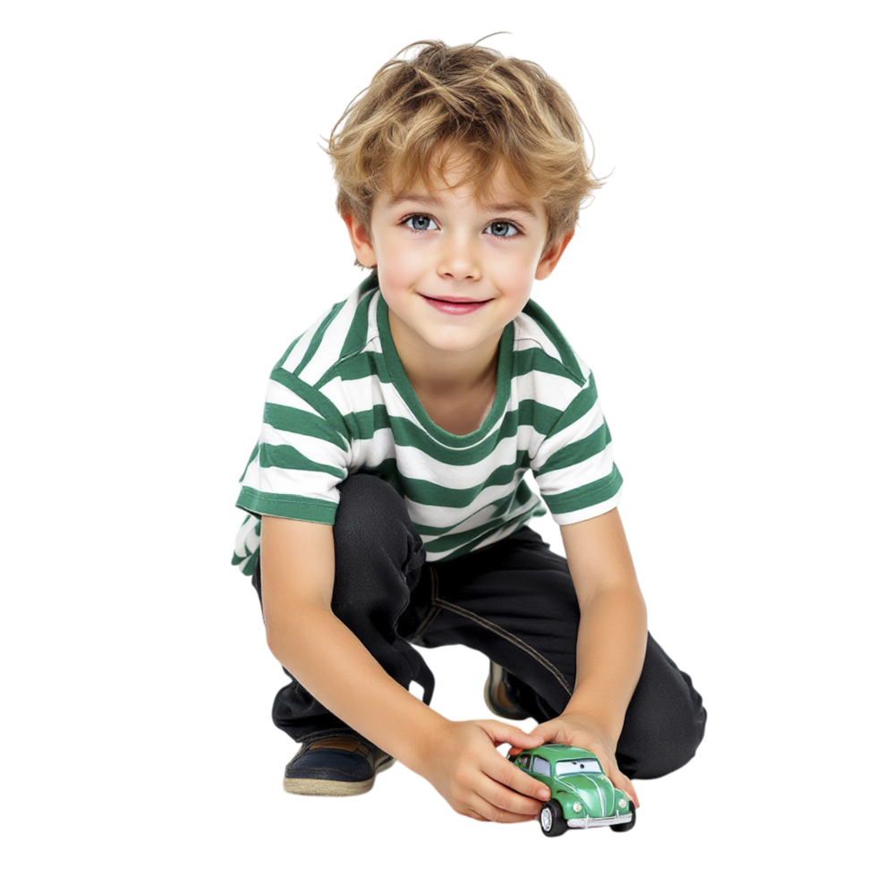 A young boy is sitting on the ground with a green toy car png