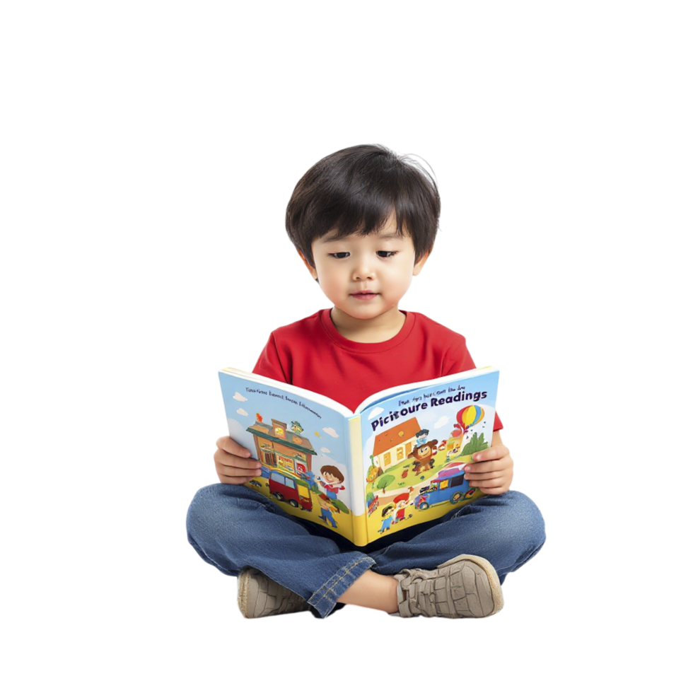 A young boy sitting on the floor reading a book png