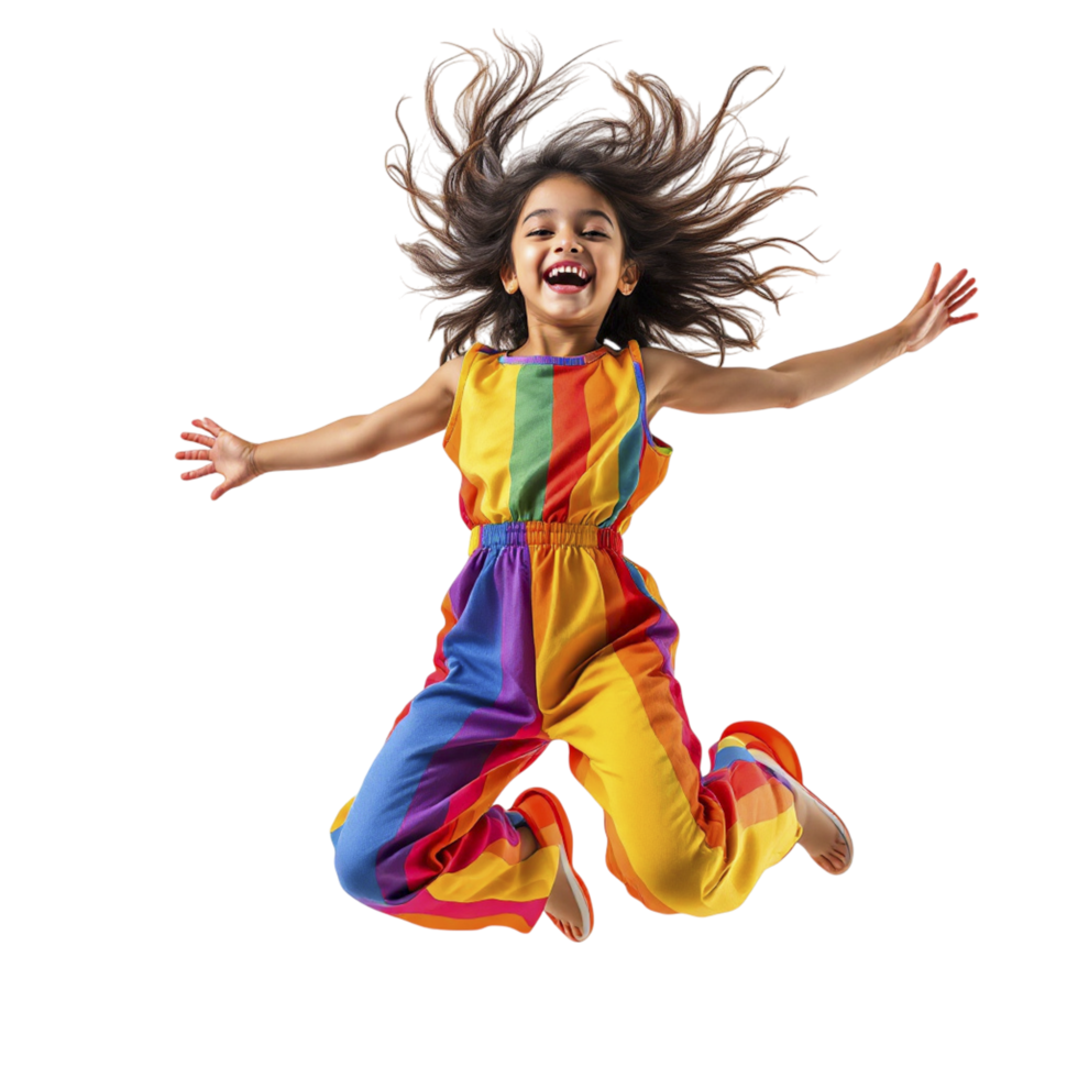 A young girl jumping in the air in a rainbow jumpsuit png