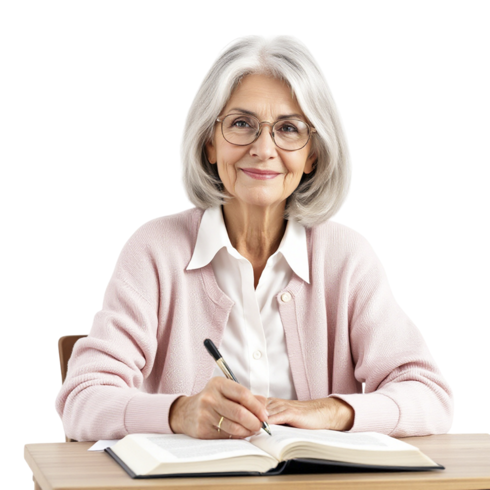 An older woman sitting at a desk with a pen and notebook png