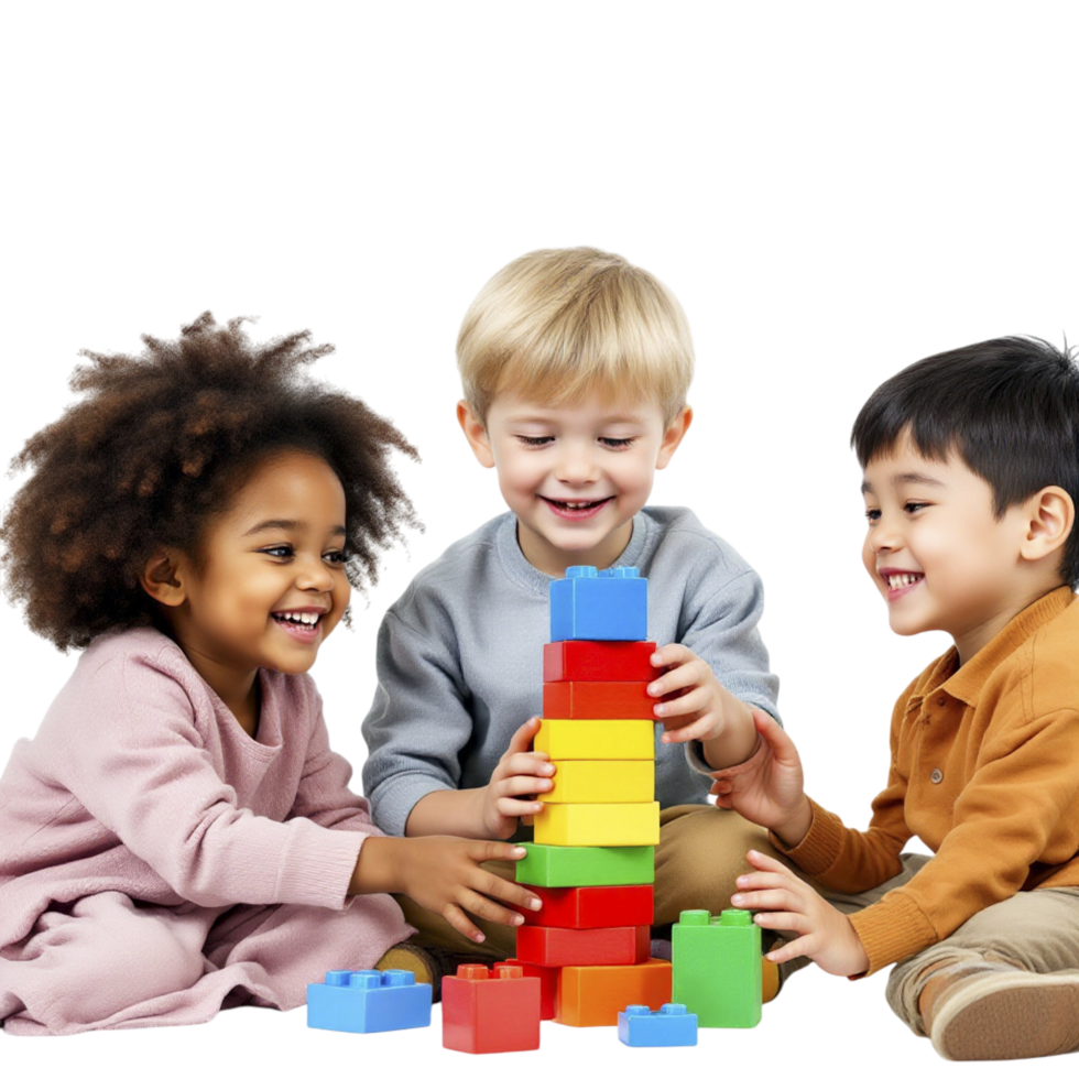 Three children playing with a stack of colorful blocks png
